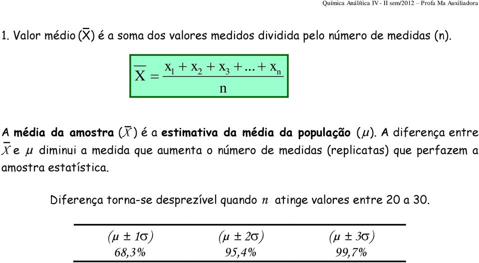 A diferença entre X e µ diminui a medida que aumenta o número de medidas (replicatas) que perfazem a