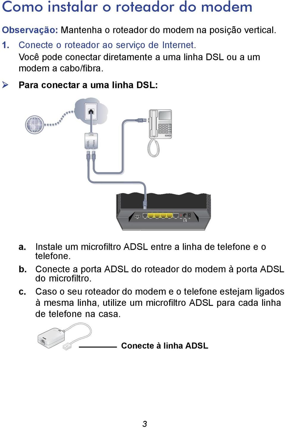 Para conectar a uma linha DSL: a. Instale um microfiltro ADSL entre a linha de telefone e o telefone. b.