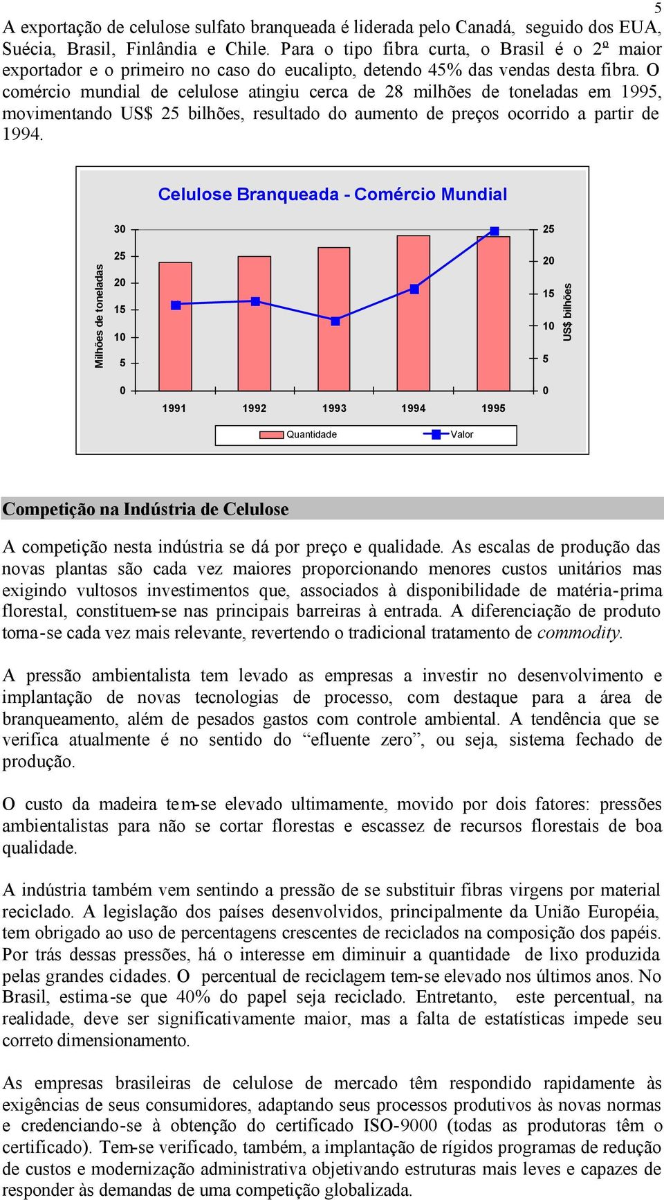 O comércio mundial de celulose atingiu cerca de 28 milhões de toneladas em 1995, movimentando US$ 25 bilhões, resultado do aumento de preços ocorrido a partir de 1994.