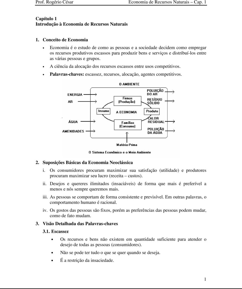 grupos. A ciência da alocação dos recursos escassos entre usos competitivos. Palavras-chaves: escassez, recursos, alocação, agentes competitivos. 2. Suposições Básicas da Economia Neoclássica i.