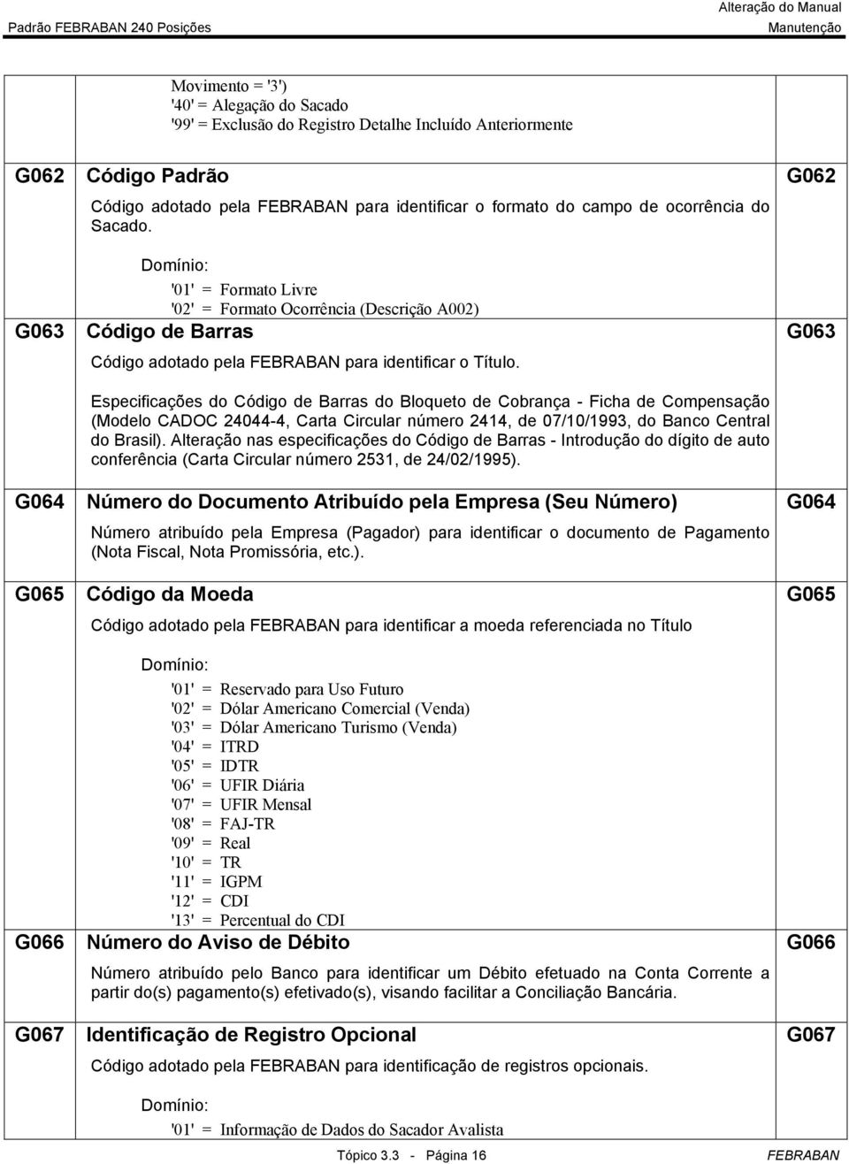 Especificações do Código de Barras do Bloqueto de Cobrança - Ficha de Compensação (Modelo CADOC 24044-4, Carta Circular número 2414, de 07/10/1993, do Banco Central do Brasil).