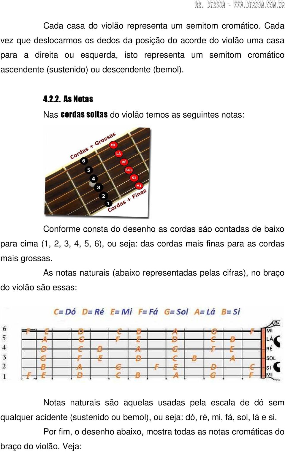 2. As Notas Nas cordas soltas do violão temos as seguintes notas: Conforme consta do desenho as cordas são contadas de baixo para cima (1, 2, 3, 4, 5, 6), ou seja: das cordas mais finas para