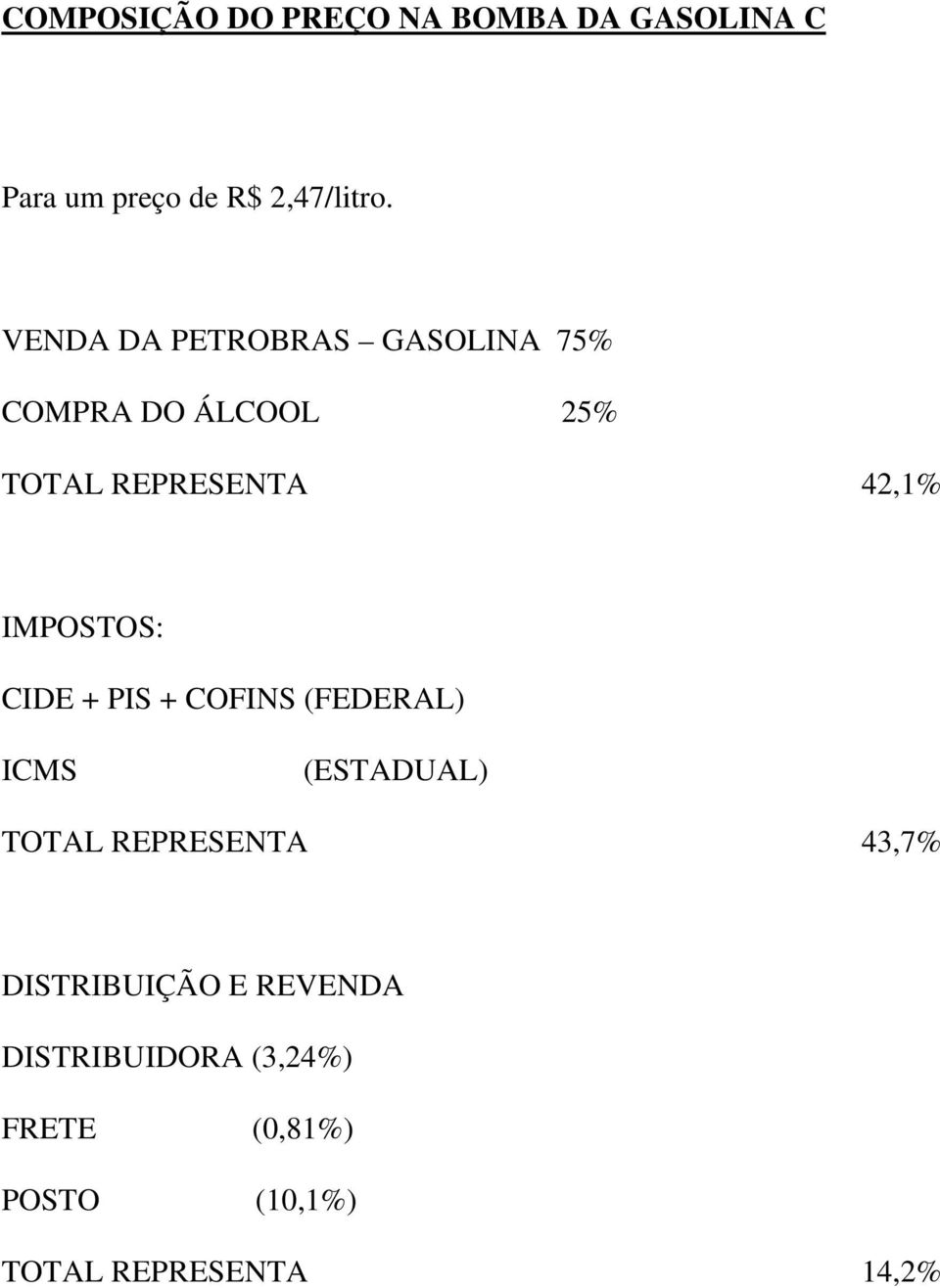 IMPOSTOS: CIDE + PIS + COFINS (FEDERAL) ICMS (ESTADUAL) TOTAL REPRESENTA 43,7%