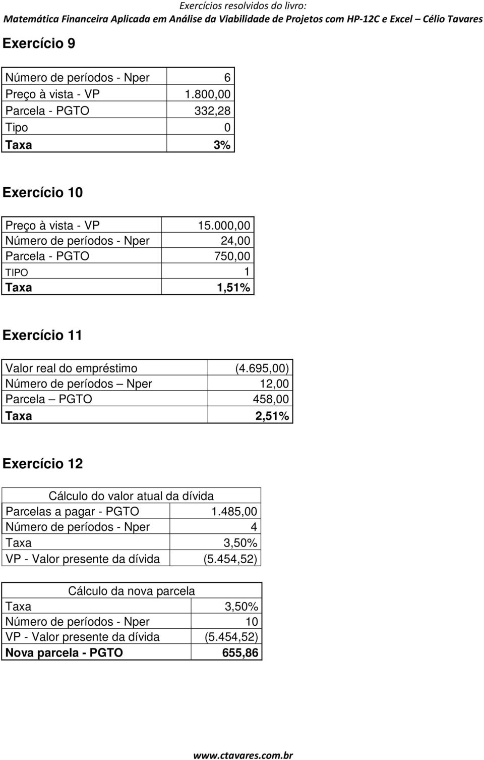 695,00) Número de períodos Nper 12,00 Parcela PGTO 458,00 Taxa 2,51% Exercício 12 Cálculo do valor atual da dívida Parcelas a pagar - PGTO 1.