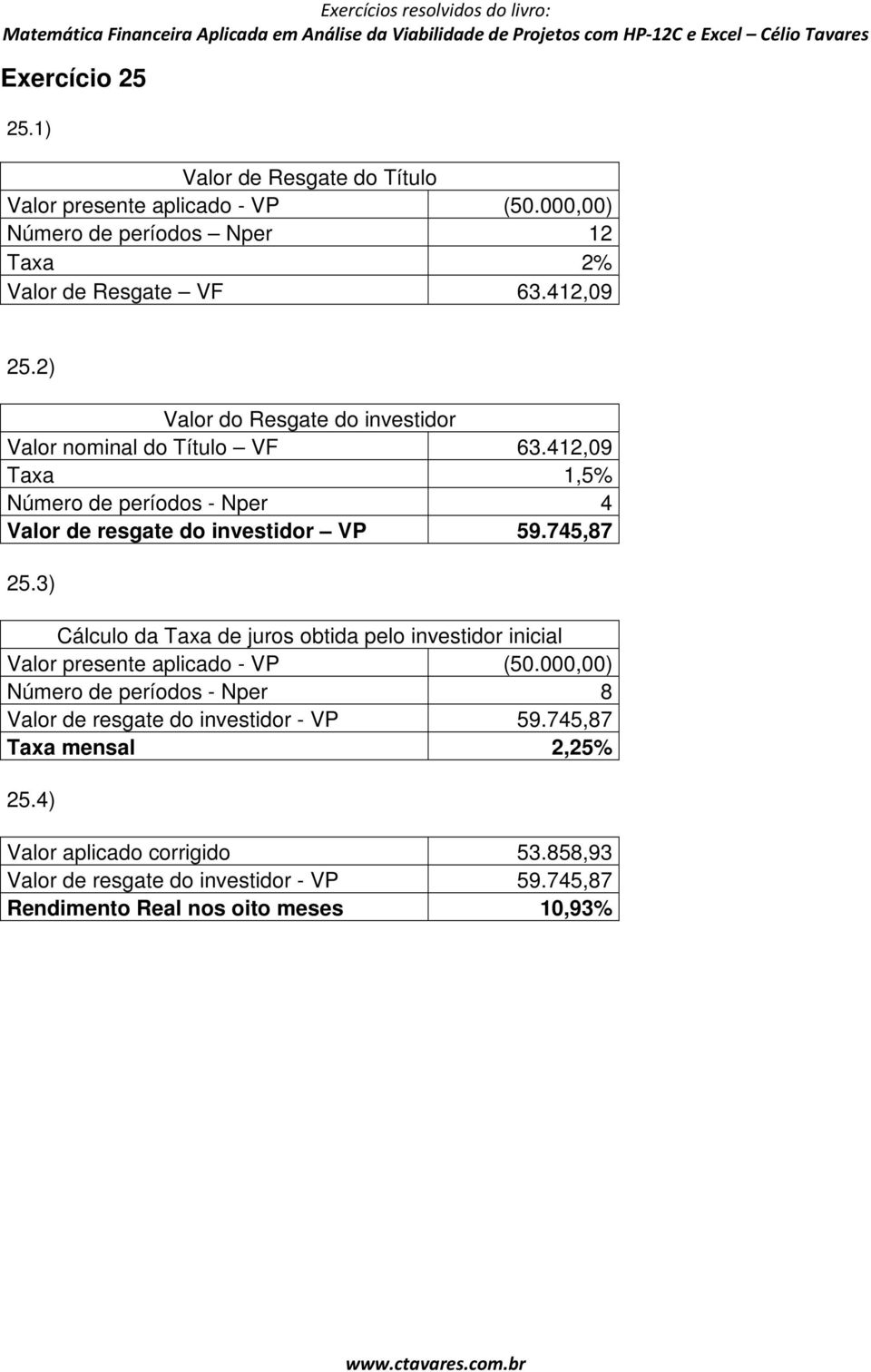 3) Cálculo da Taxa de juros obtida pelo investidor inicial Valor presente aplicado - VP (50.