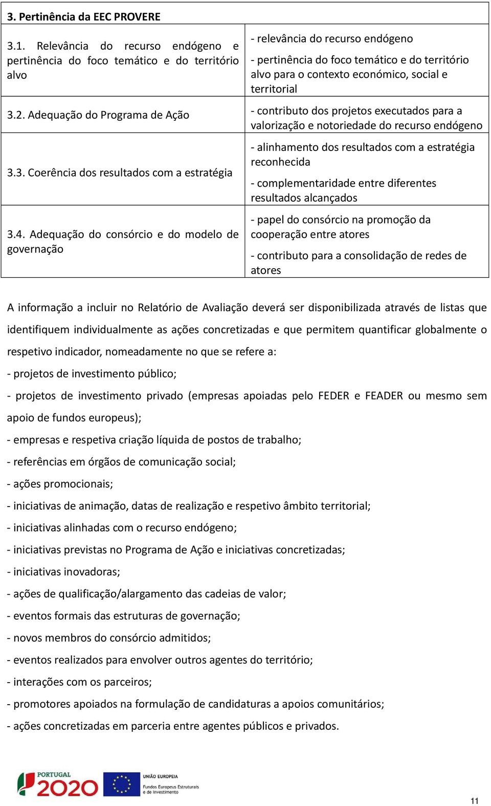 territorial 3.2. Adequação do Programa de Ação contributo dos projetos executados para a valorização e notoriedade do recurso endógeno 3.3. Coerência dos resultados com a estratégia 3.4.