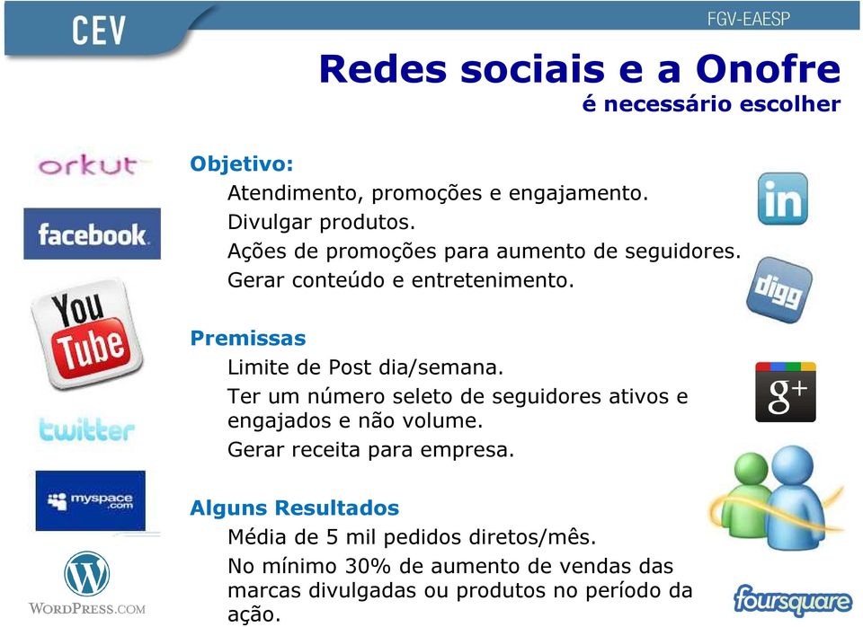 Ter um número seleto de seguidores ativos e engajados e não volume. Gerar receita para empresa.