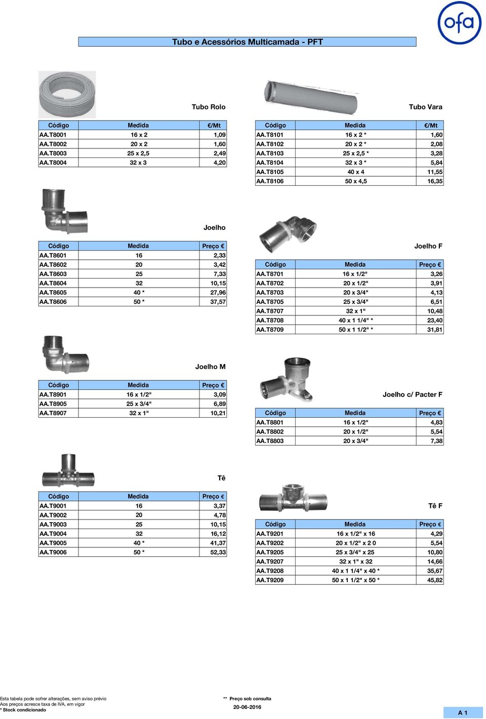 T8603 25 7,33 AA.T8701 16 x 1/2" 3,26 AA.T8604 32 10,15 AA.T8702 20 x 1/2" 3,91 AA.T8605 40 * 27,96 AA.T8703 20 x 3/4" 4,13 AA.T8606 50 * 37,57 AA.T8705 25 x 3/4" 6,51 AA.T8707 32 x 1" 10,48 AA.