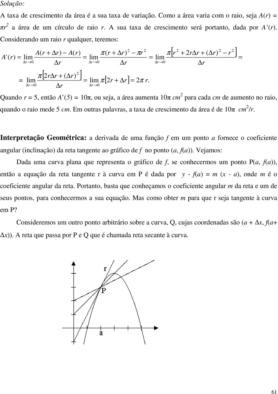 a área aumenta π cm para cada cm de aumento no raio, quando o raio mede 5 cm Em outras palavras, a taa de crescimento da área é de π cm /r r Interpretação Geométrica: a derivada de uma função f em um