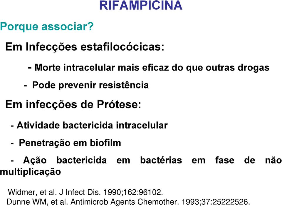 prevenir resistência Em infecções de Prótese: - Atividade bactericida intracelular - Penetração em