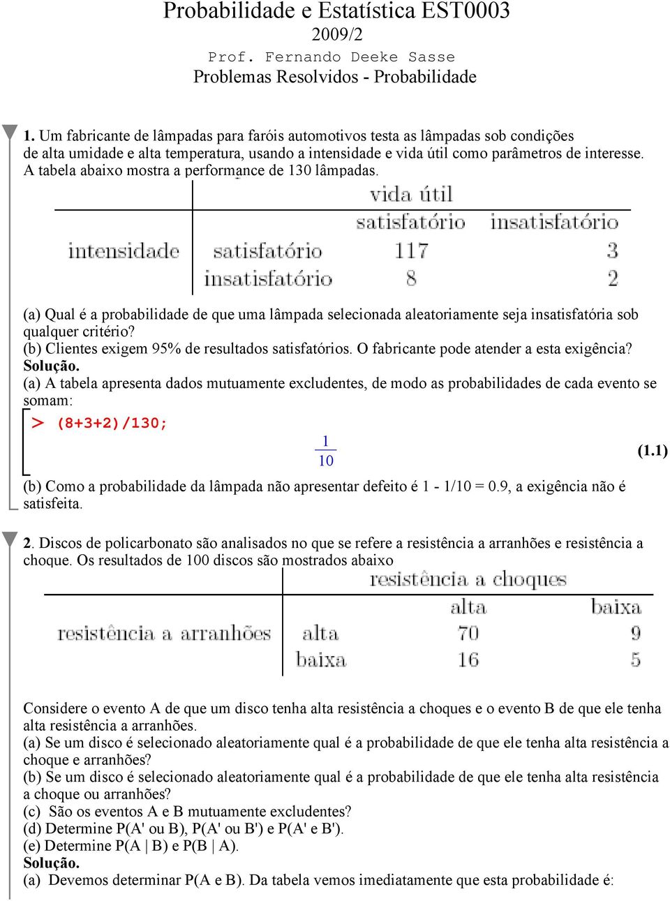 A tabela abaixo mostra a performance de 130 lâmpadas. (a) Qual é a probabilidade de que uma lâmpada selecionada aleatoriamente seja insatisfatória sob qualquer critério?