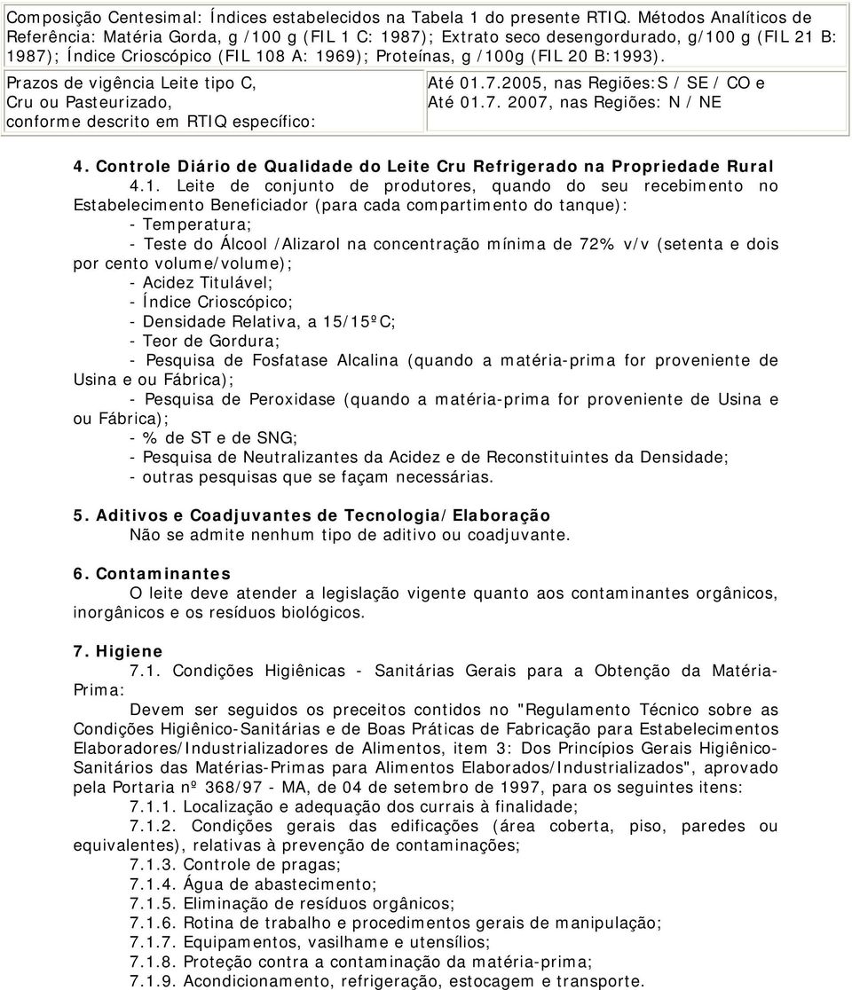 B:1993). Prazos de vigência Leite tipo C, Cru ou Pasteurizado, conforme descrito em RTIQ específico: Até 01.7.2005, nas Regiões:S / SE / CO e Até 01.7. 2007, nas Regiões: N / NE 4.