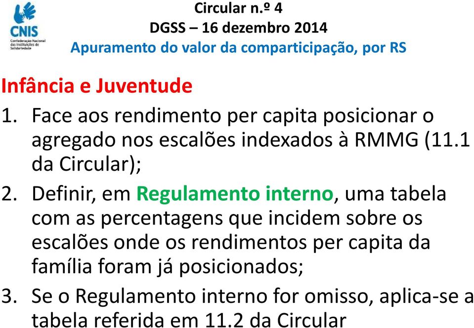 Definir, em Regulamento interno, uma tabela com as percentagens que incidem sobre os escalões onde os