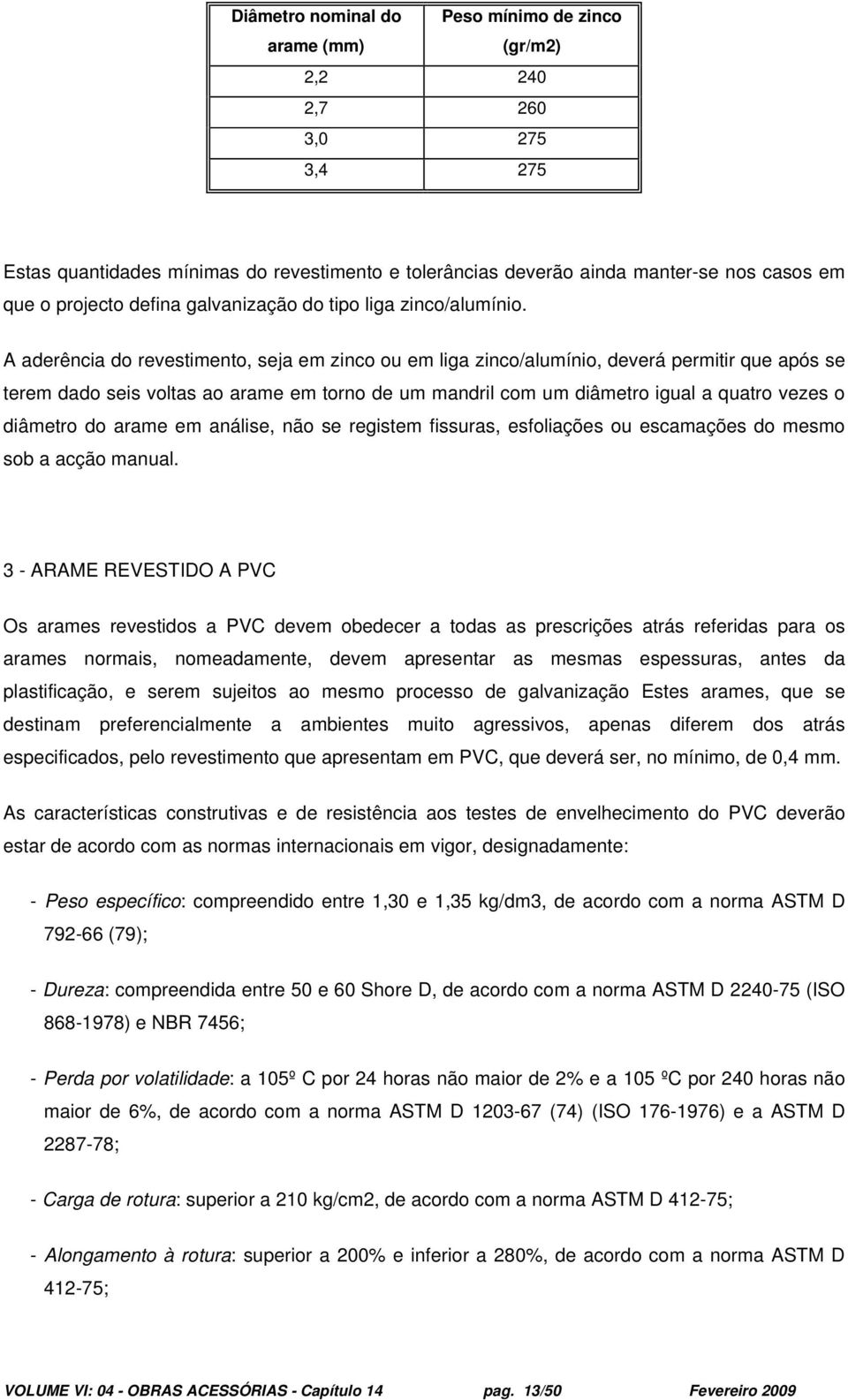 A aderência do revestimento, seja em zinco ou em liga zinco/alumínio, deverá permitir que após se terem dado seis voltas ao arame em torno de um mandril com um diâmetro igual a quatro vezes o