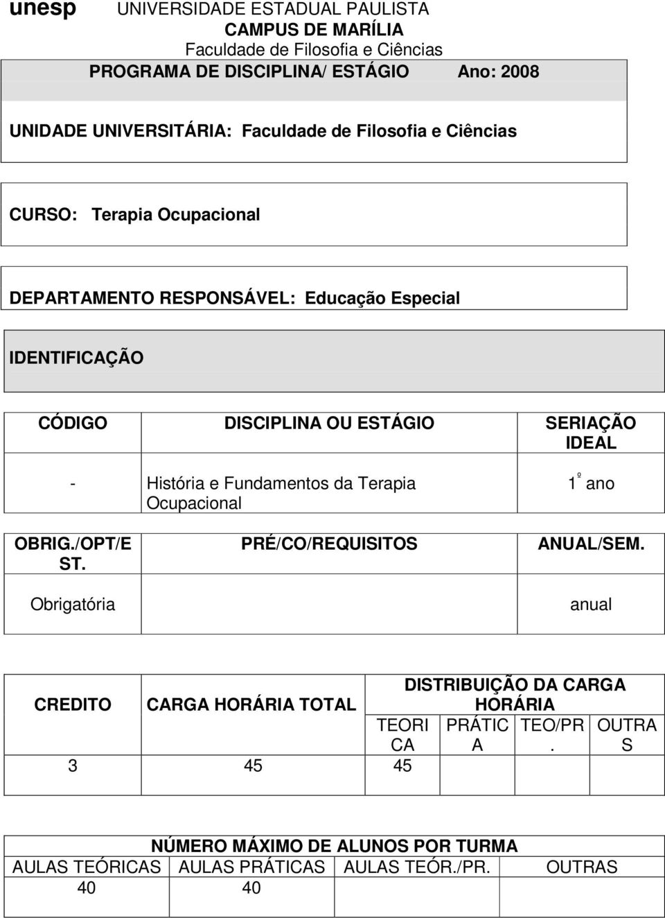 IDEAL - História e Fundamentos da Terapia Ocupacional 1 º ano OBRIG./OPT/E ST. Obrigatória PRÉ/CO/REQUISITOS ANUAL/SEM.