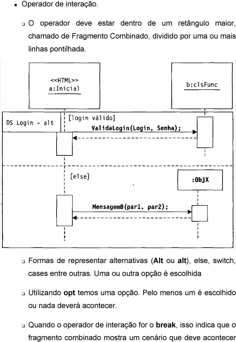 pontilhada. Formas de representar alternativas (Alt ou alt), else, switch, cases entre outras.