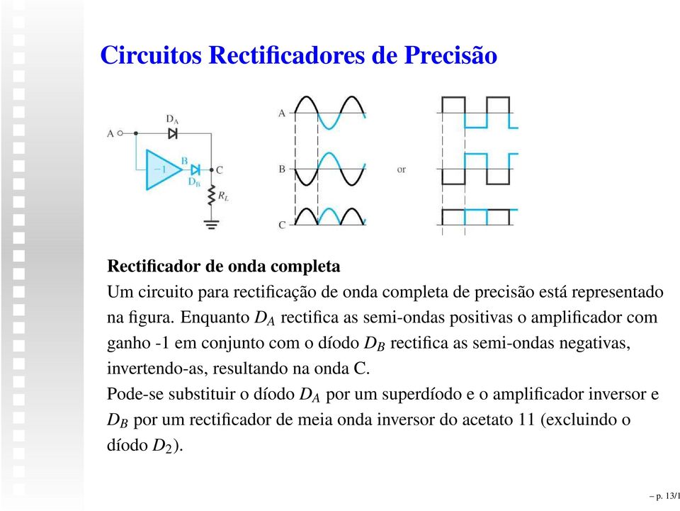 Enquanto D A rectifica as semi-ondas positivas o amplificador com ganho -1 em conjunto com o díodo D B rectifica as