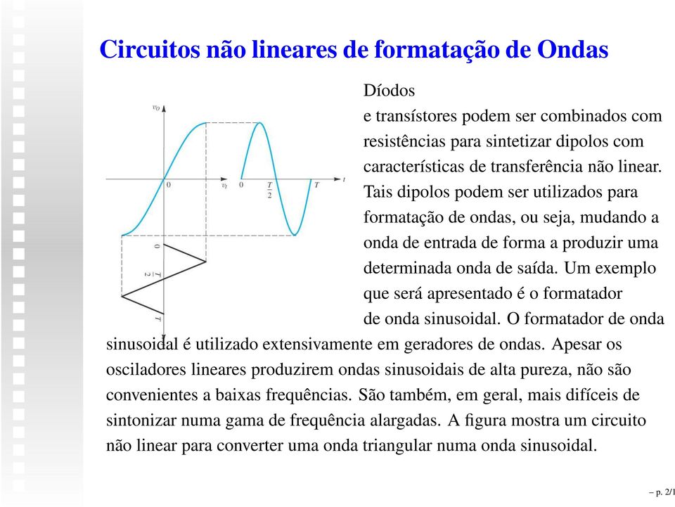 Um exemplo que será apresentado é o formatador de onda sinusoidal. O formatador de onda sinusoidal é utilizado extensivamente em geradores de ondas.