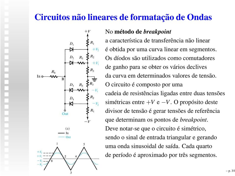 O circuito é composto por uma cadeia de resistências ligadas entre duas tensões simétricas entre +V e V.