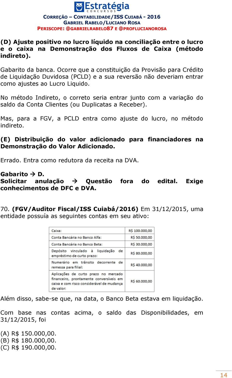 No método Indireto, o correto seria entrar junto com a variação do saldo da Conta Clientes (ou Duplicatas a Receber). Mas, para a FGV, a PCLD entra como ajuste do lucro, no método indireto.