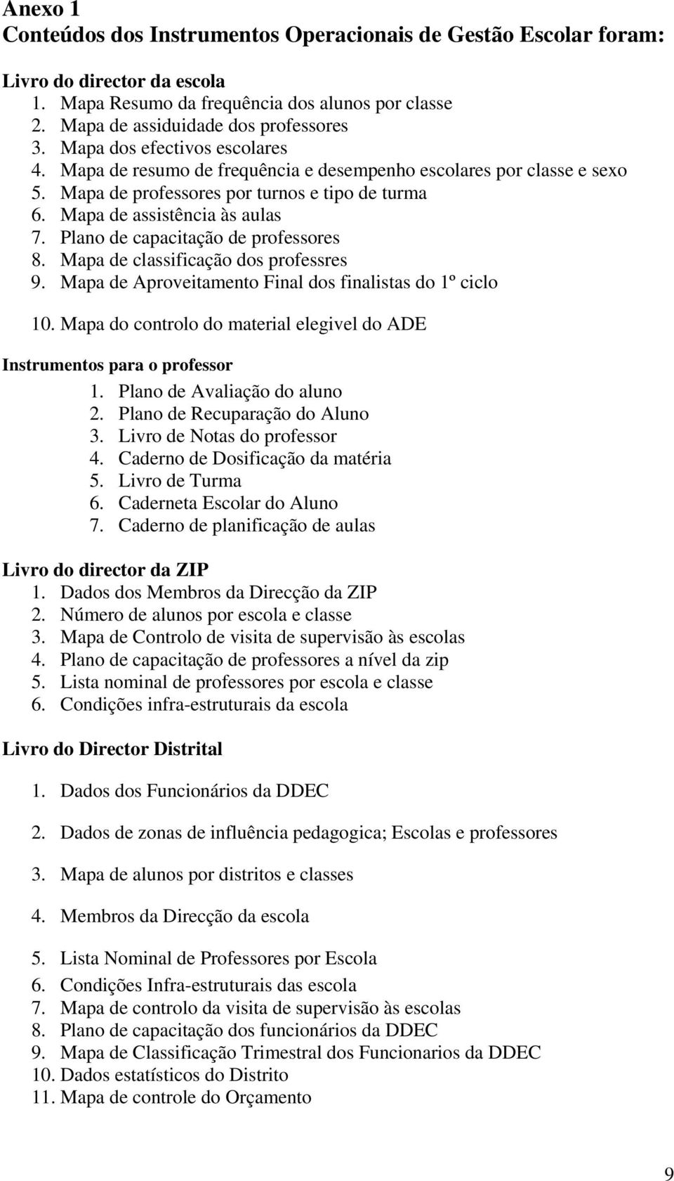 Plano de capacitação de professores 8. Mapa de classificação dos professres 9. Mapa de Aproveitamento Final dos finalistas do 1º ciclo 10.