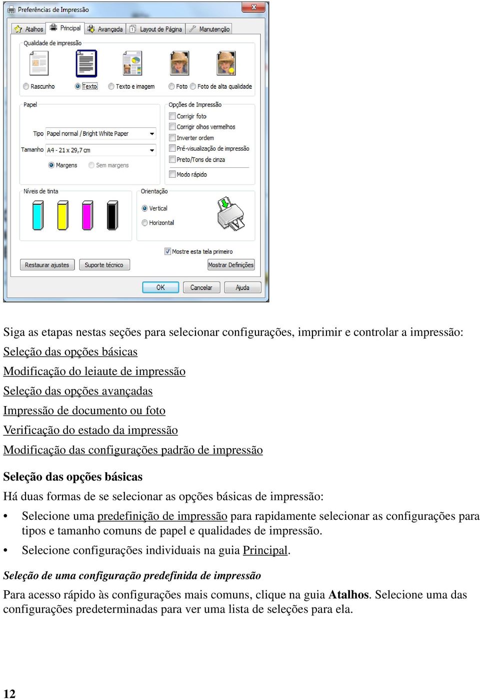 Selecione uma predefinição de impressão para rapidamente selecionar as configurações para tipos e tamanho comuns de papel e qualidades de impressão.