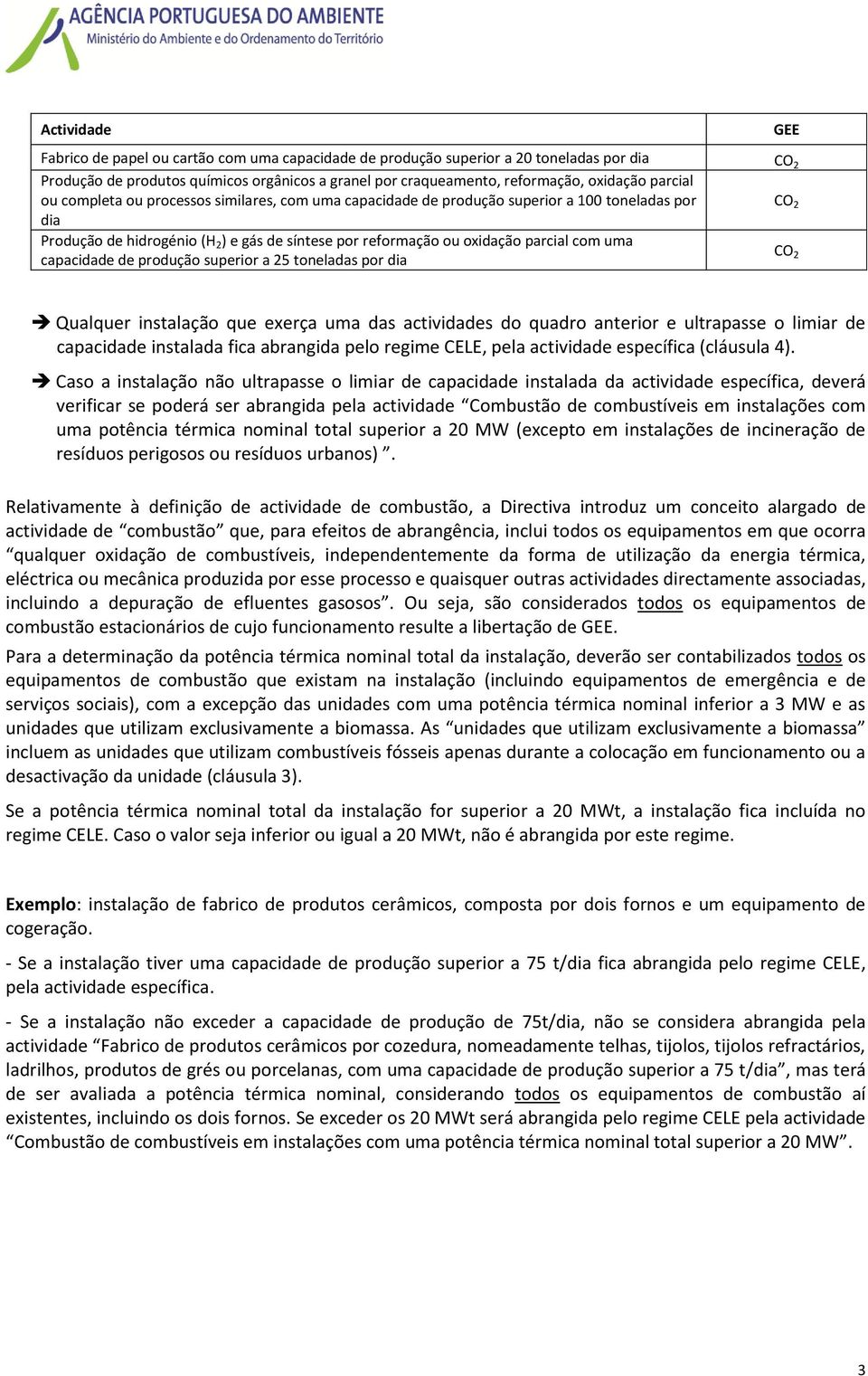 produção superior a 25 toneladas por dia 2 Qualquer instalação que exerça uma das actividades do quadro anterior e ultrapasse o limiar de capacidade instalada fica abrangida pelo regime CELE, pela