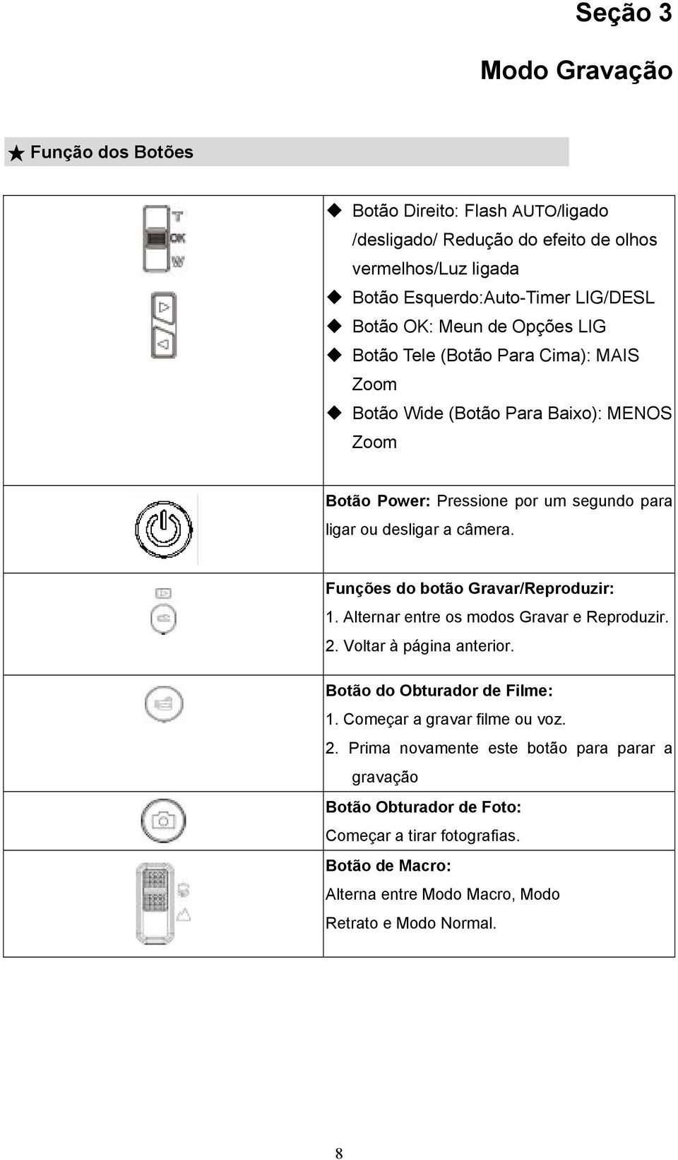 Funções do botão Gravar/Reproduzir: 1. Alternar entre os modos Gravar e Reproduzir. 2. Voltar à página anterior. Botão do Obturador de Filme: 1. Começar a gravar filme ou voz.