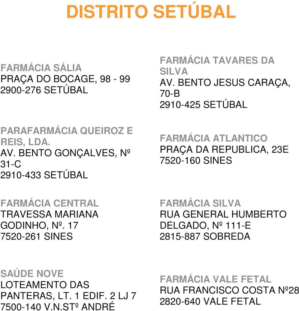 BENTO JESUS CARAÇA, 70-B 2910-425 SETÚBAL FARMÁCIA ATLANTICO PRAÇA DA REPUBLICA, 23E 7520-160 SINES FARMÁCIA CENTRAL TRAVESSA MARIANA