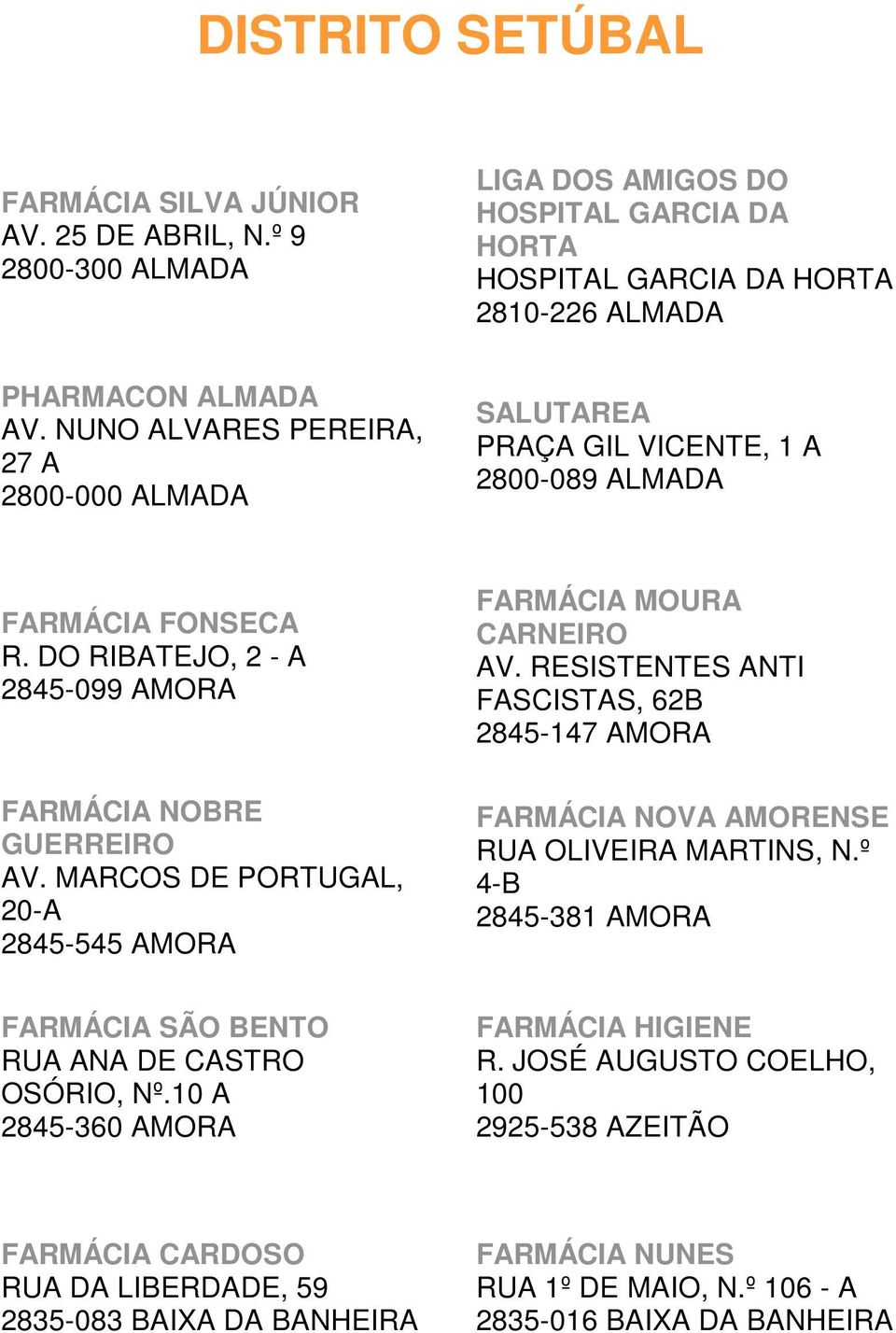MARCOS DE PORTUGAL, 20-A 2845-545 AMORA FARMÁCIA MOURA CARNEIRO AV. RESISTENTES ANTI FASCISTAS, 62B 2845-147 AMORA FARMÁCIA NOVA AMORENSE RUA OLIVEIRA MARTINS, N.