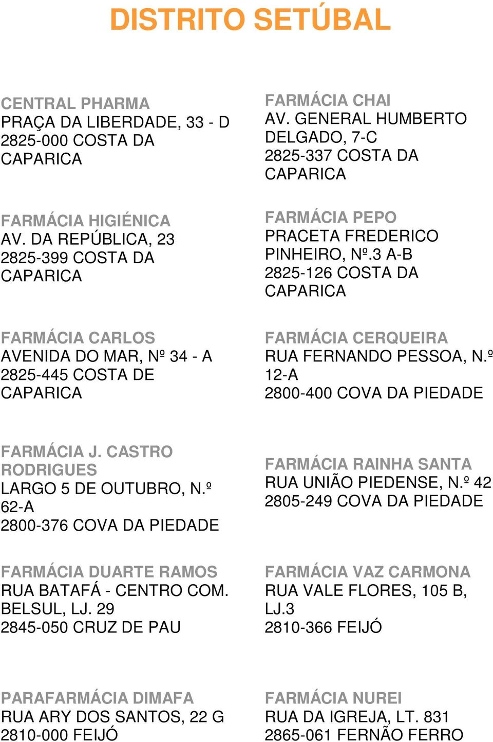 3 A-B 2825-126 COSTA DA FARMÁCIA CARLOS AVENIDA DO MAR, Nº 34 - A 2825-445 COSTA DE FARMÁCIA CERQUEIRA RUA FERNANDO PESSOA, N.º 12-A 2800-400 COVA DA PIEDADE FARMÁCIA J.