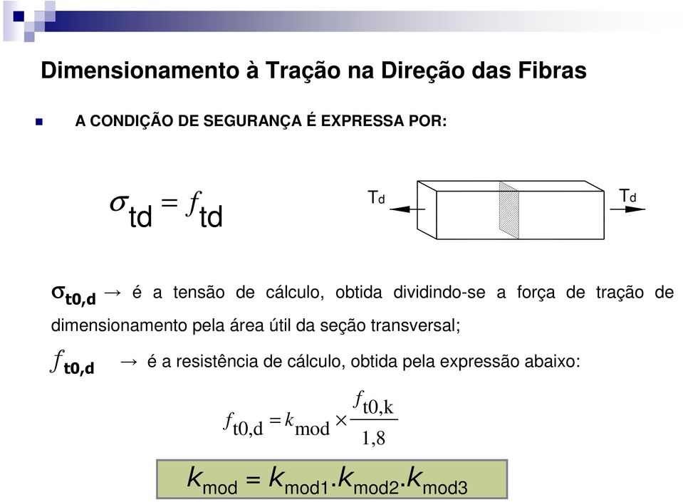 de dimensionamento pela área útil da seção transversal; f t0,d é a resistência de