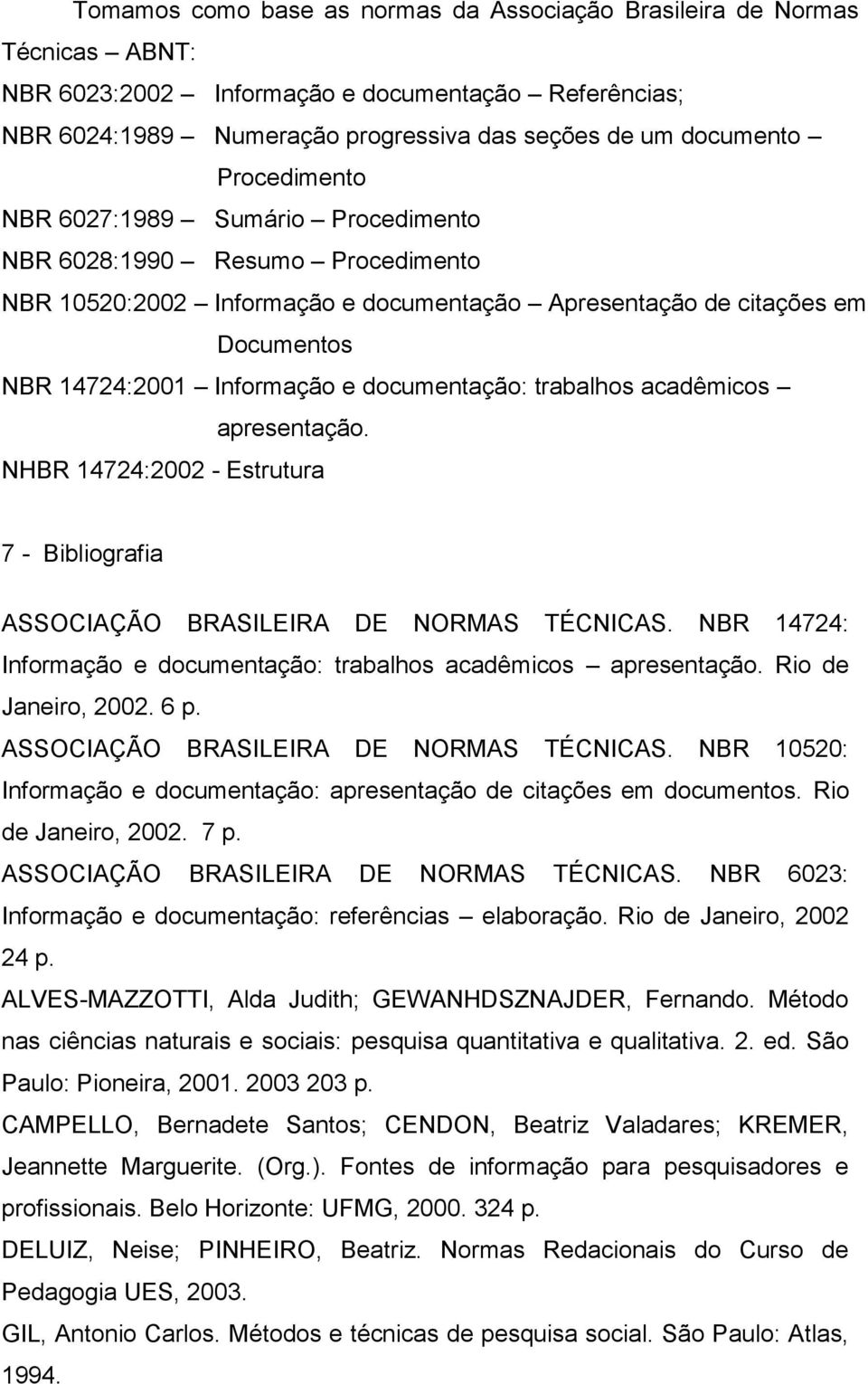 documentação: trabalhos acadêmicos apresentação. NHBR 14724:2002 - Estrutura 7 - Bibliografia ASSOCIAÇÃO BRASILEIRA DE NORMAS TÉCNICAS.
