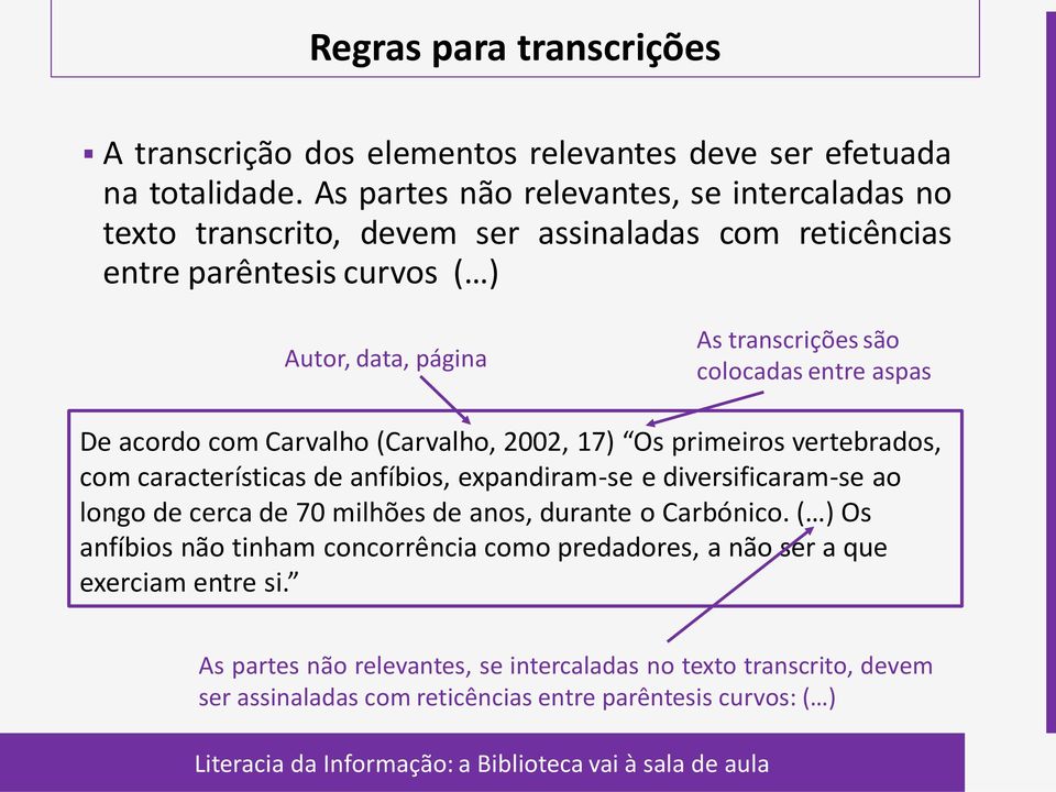 colocadas entre aspas De acordo com Carvalho (Carvalho, 2002, 17) Os primeiros vertebrados, com características de anfíbios, expandiram-se e diversificaram-se ao longo de cerca