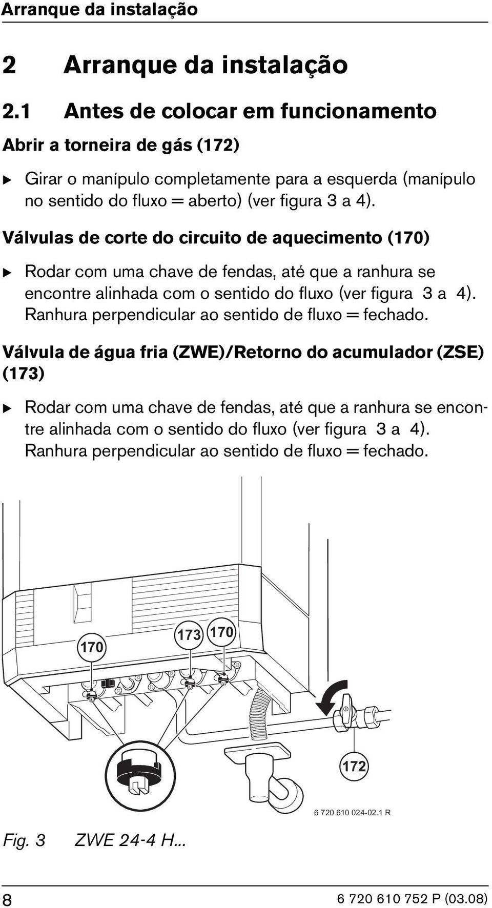 Válvulas de corte do circuito de aquecimento (170) B Rodar com uma chave de fendas, até que a ranhura se encontre alinhada com o sentido do fluxo (ver figura 3 a 4).