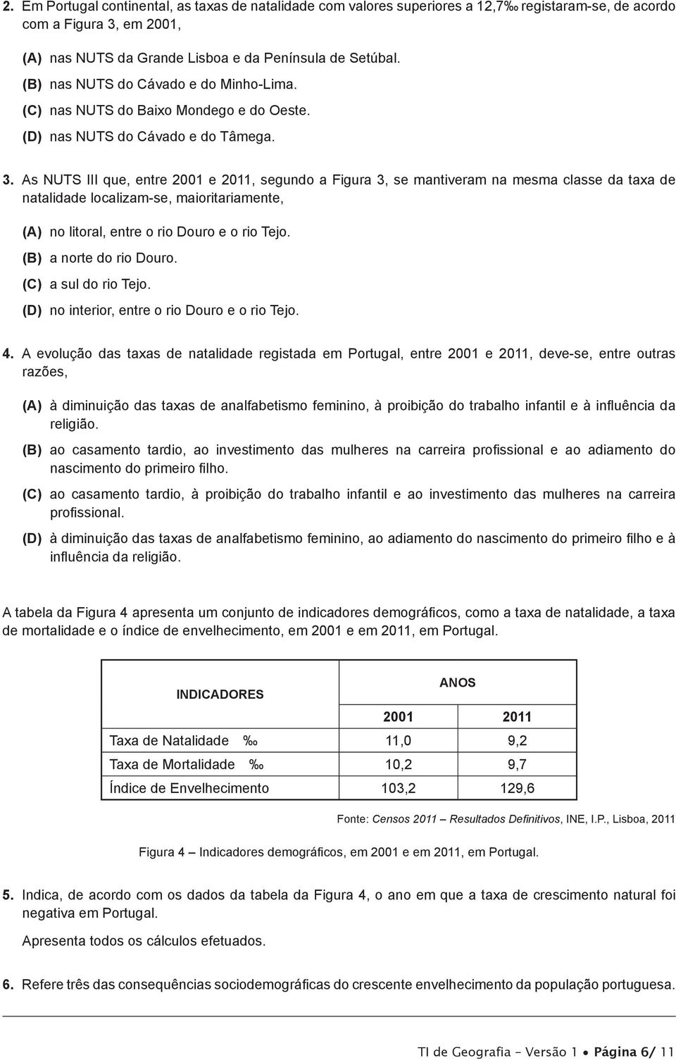 As NUTS III que, entre 2001 e 2011, segundo a Figura 3, se mantiveram na mesma classe da taxa de natalidade localizam-se, maioritariamente, (A) no litoral, entre o rio Douro e o rio Tejo.