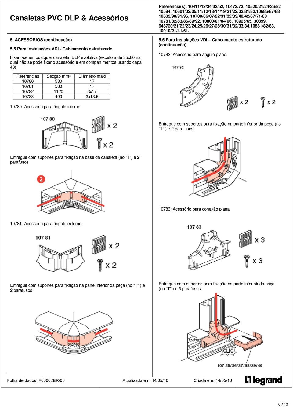 5 Para instalações VDI Cabeamento estruturado (continuação) 10782: Acessório para angulo plano. Referências Secção mm² Diâmetro maxi 10780 580 17 10781 580 17 10782 1120 3x17 10783 490 2x13.
