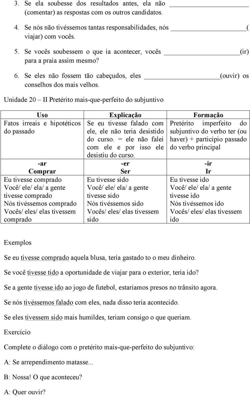 Unidade 20 II Pretérito mais-que-perfeito do subjuntivo Uso Explicação Formação Se eu tivesse falado com ele, ele não teria desistido do curso.