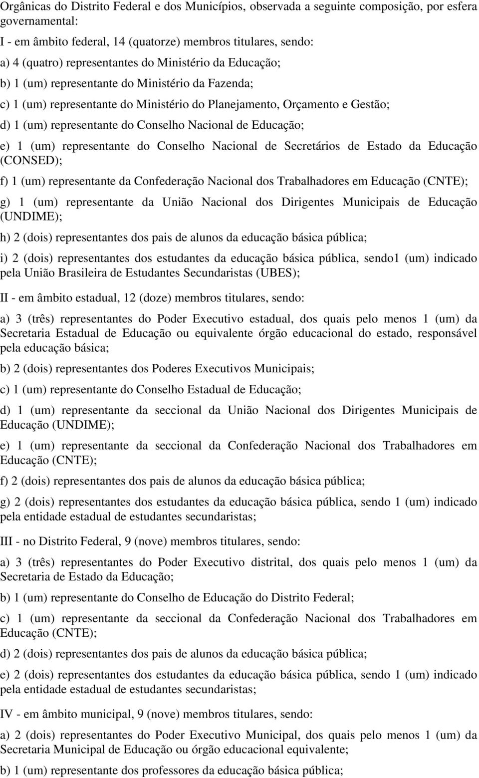 Educação; e) 1 (um) representante do Conselho Nacional de Secretários de Estado da Educação (CONSED); f) 1 (um) representante da Confederação Nacional dos Trabalhadores em Educação (CNTE); g) 1 (um)