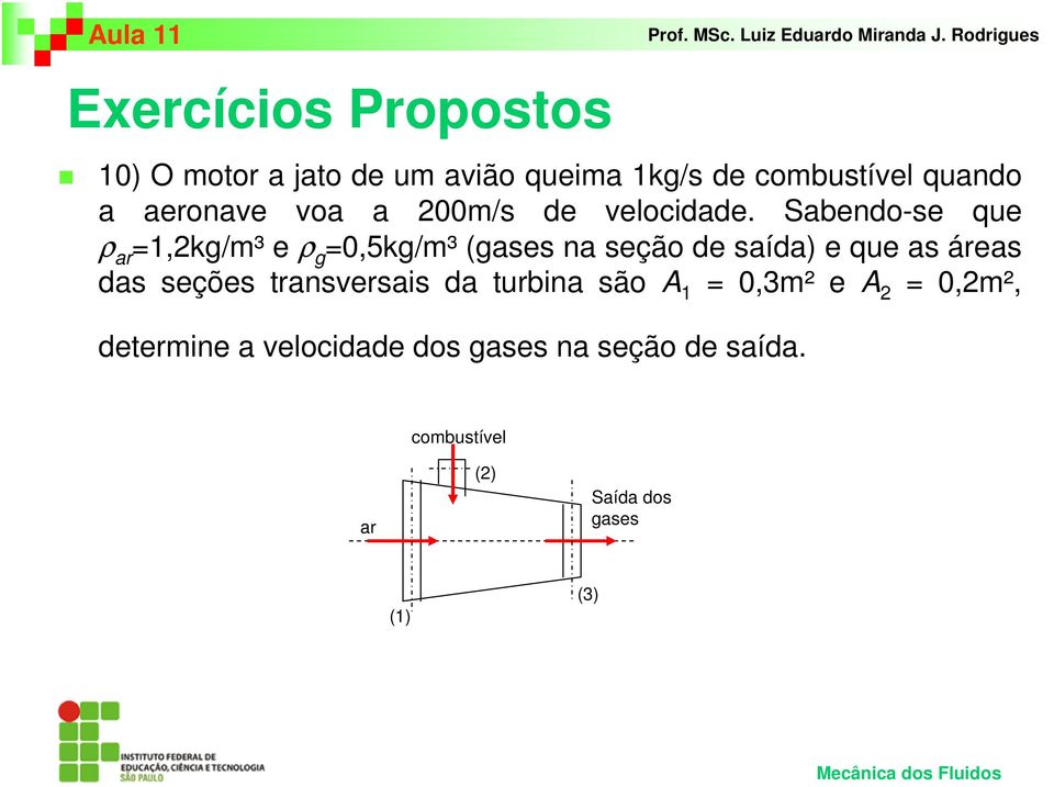 Sabendo-se que ρ ar =1,2kg/m³ e ρ g =0,5kg/m³ (gases na seção de saída) e que as áreas das