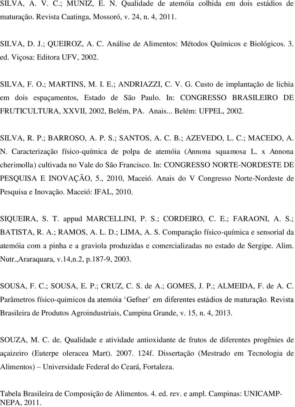 In: CONGRESSO BRASILEIRO DE FRUTICULTURA, XXVII, 2002, Belém, PA. Anais... Belém: UFPEL, 2002. SILVA, R. P.; BARROSO, A. P. S.; SANTOS, A. C. B.; AZEVEDO, L. C.; MACEDO, A. N.