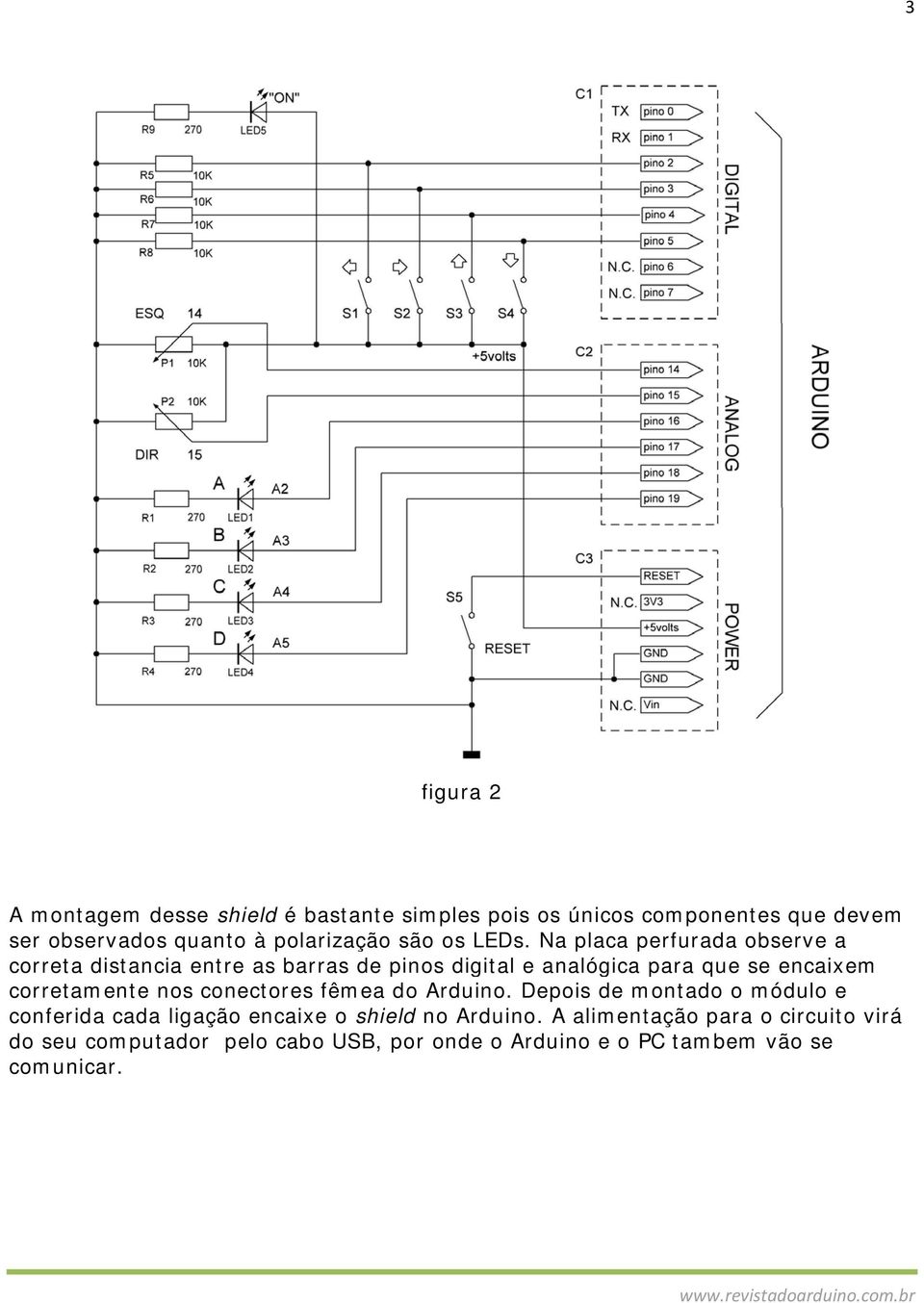 Na placa perfurada observe a correta distancia entre as barras de pinos digital e analógica para que se encaixem