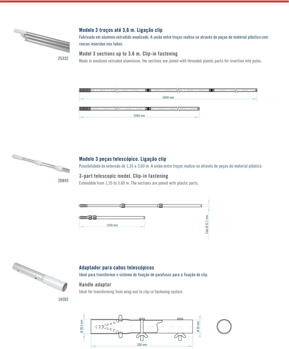 3600 mm 2400 mm Modelo 3 peças telescópico. Ligação clip Possibilidade de extensão de 1,35 a 3,60 m. A união entre troços realiza-se através de peças de material plástico.
