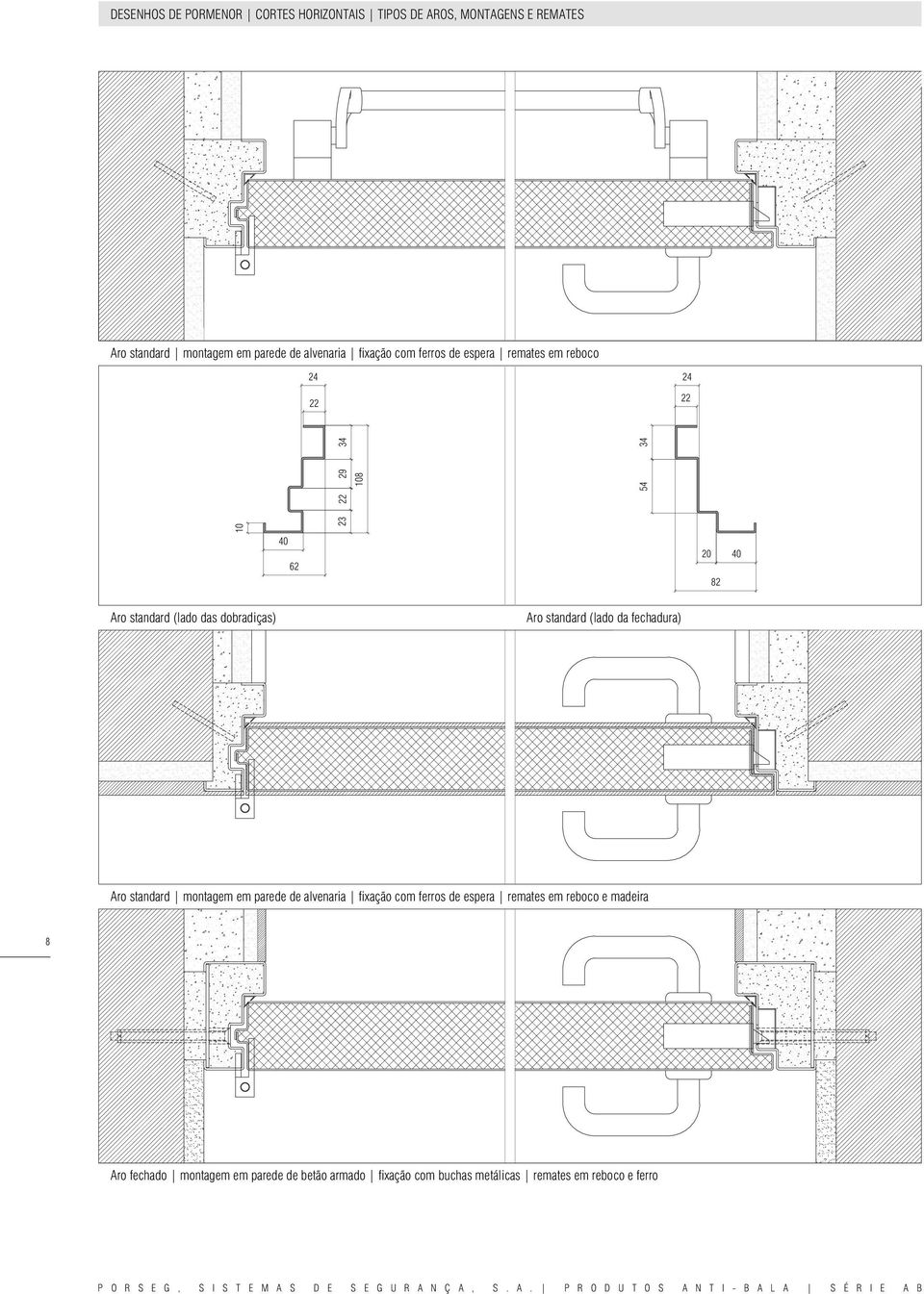 dobradiças) Aro standard (lado da fechadura) Aro standard montagem em parede de alvenaria fixação com ferros de espera