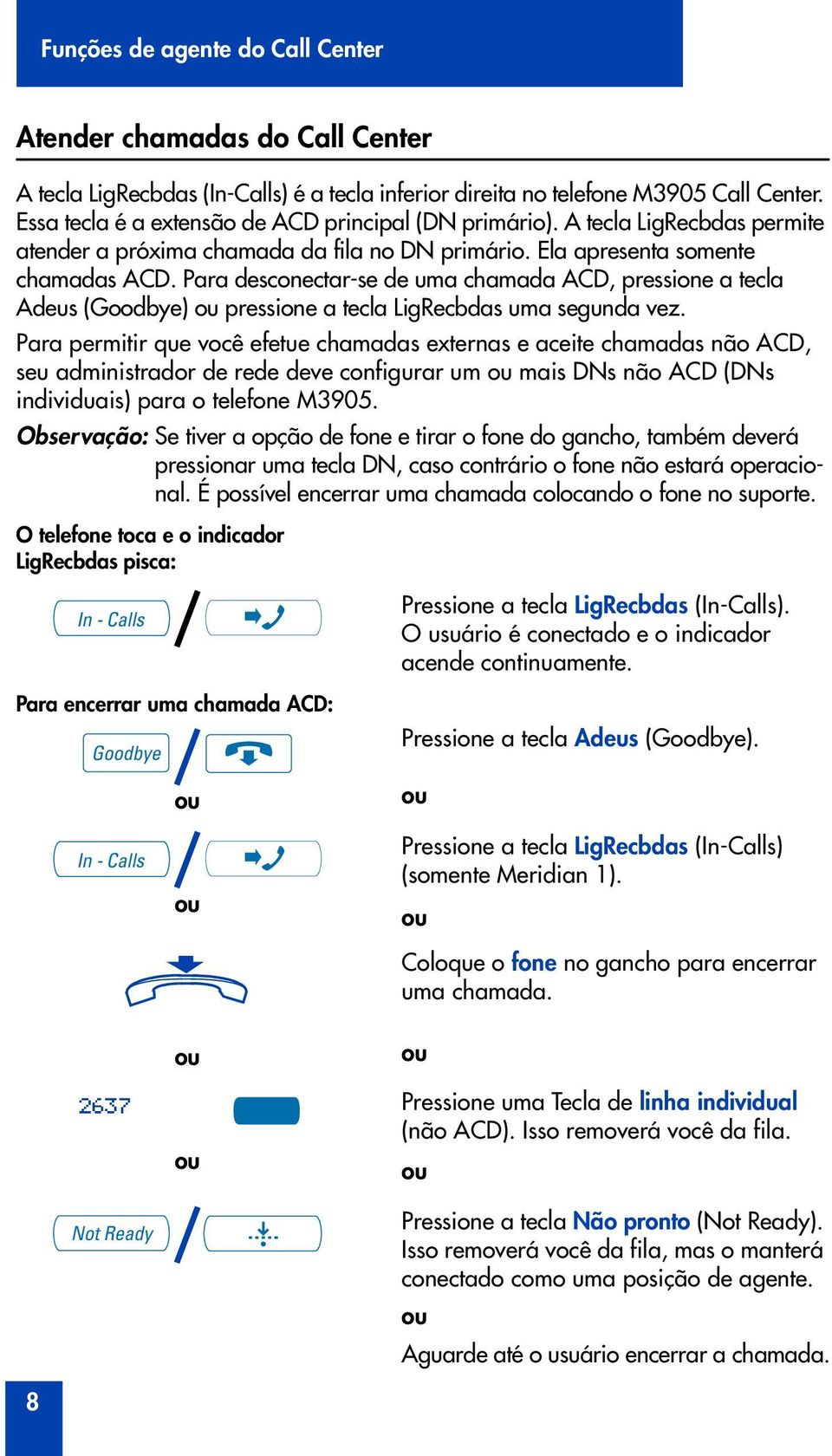 Para desconectar-se de uma chamada ACD, pressione a tecla Adeus (Goodbye) pressione a tecla LigRecbdas uma segunda vez.