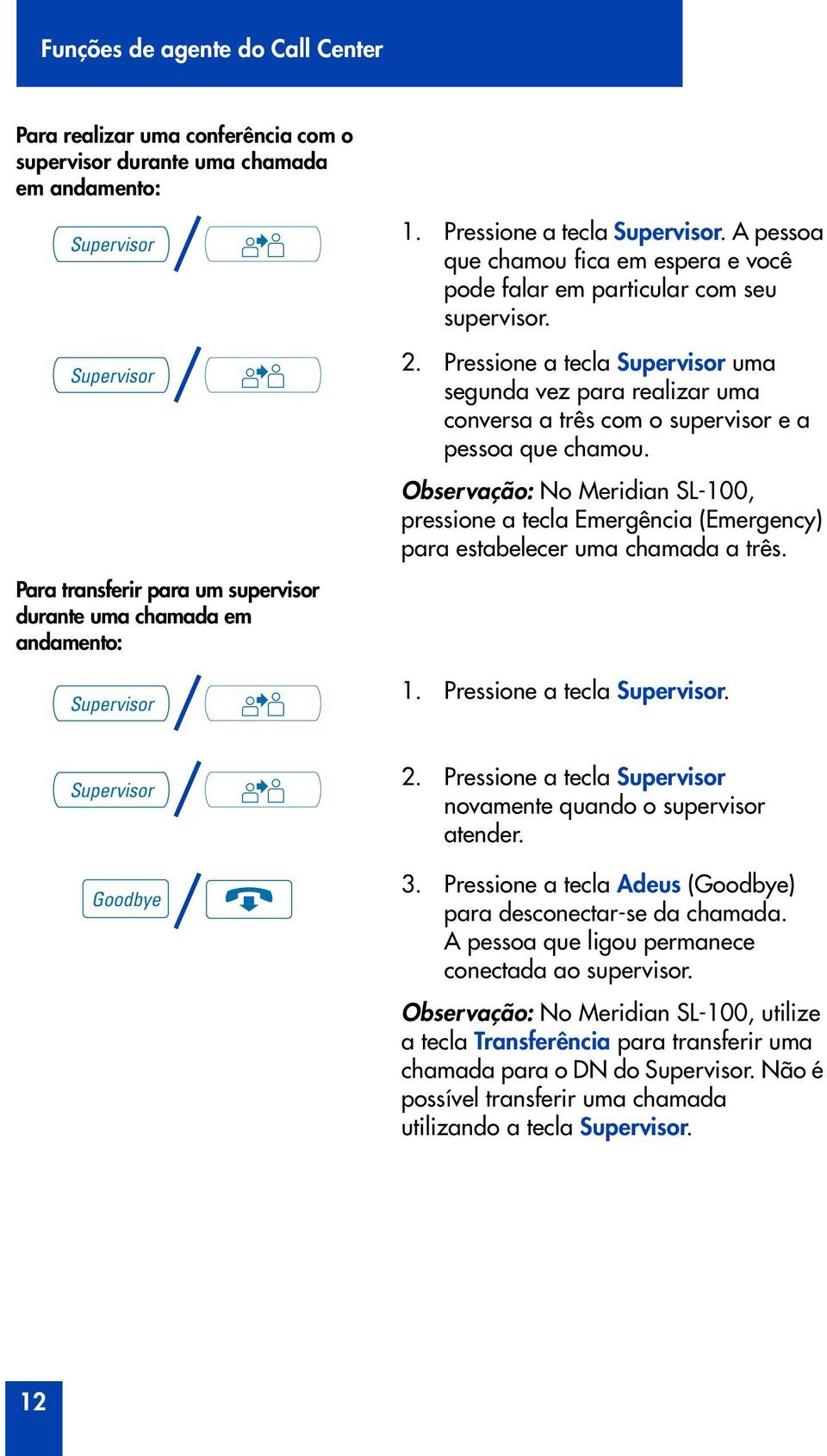 Pressione a tecla Supervisor uma segunda vez para realizar uma conversa a três com o supervisor e a pessoa que cham.