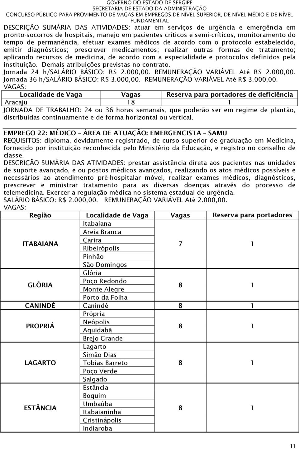 especialidade e protocolos definidos pela instituição. Demais atribuições previstas no contrato. Jornada 24 h/salário BÁSICO: R$ 2.000,00. REMUNERAÇÃO VARIÁVEL Até R$ 2.000,00. Jornada 36 h/salário BÁSICO: R$ 3.