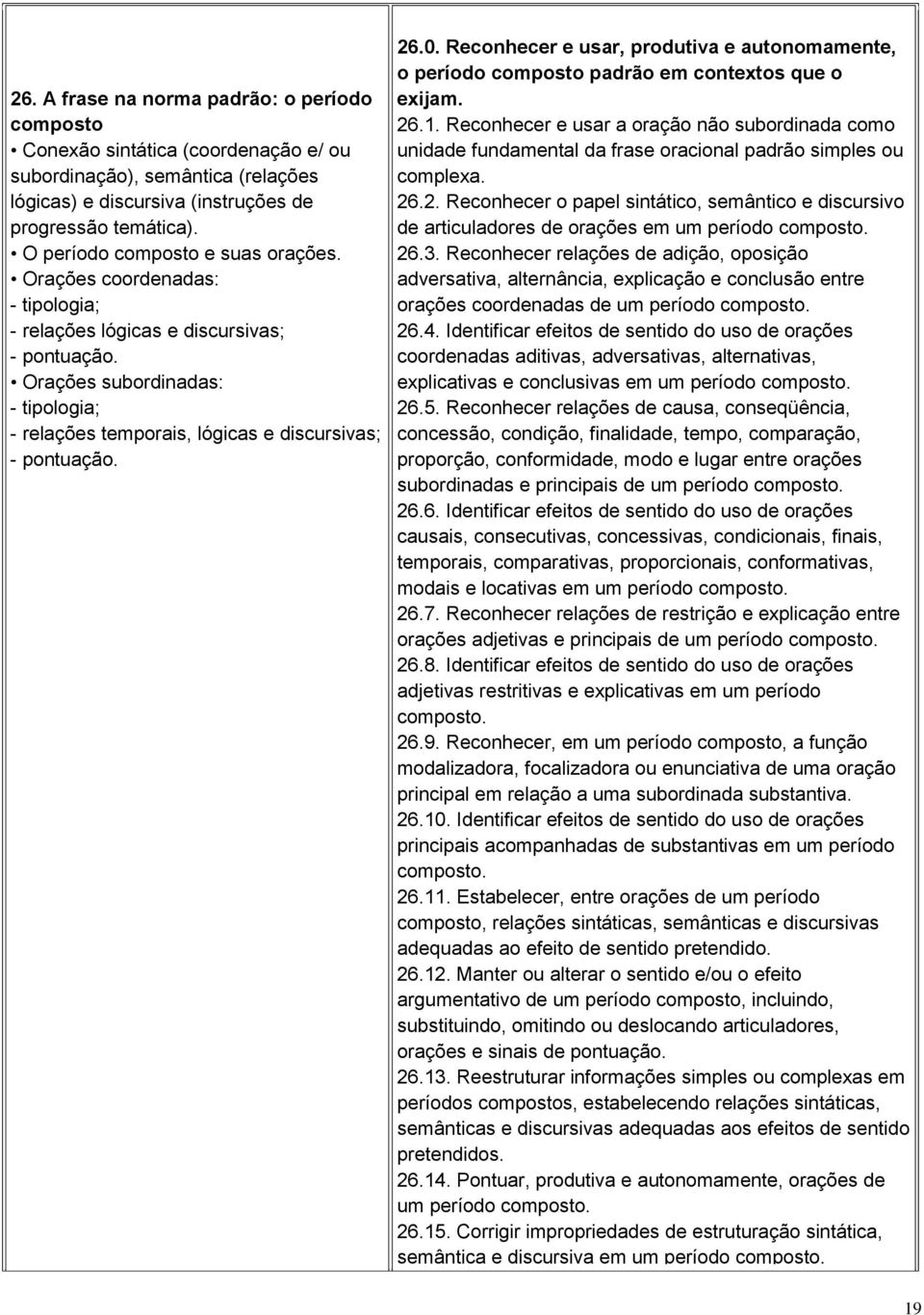 Orações subordinadas: - tipologia; - relações temporais, lógicas e discursivas; - pontuação. 26.0. Reconhecer e usar, produtiva e autonomamente, o período composto padrão em contextos que o exijam.