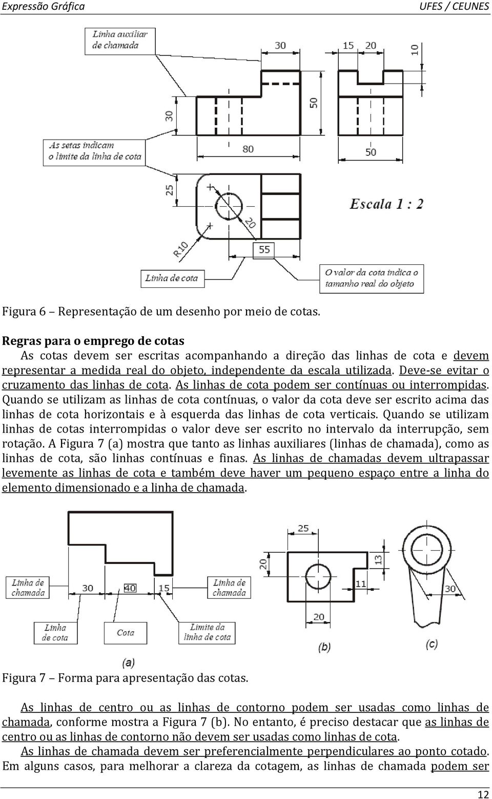 Deve-se evitar o cruzamento das linhas de cota. As linhas de cota podem ser contínuas ou interrompidas.