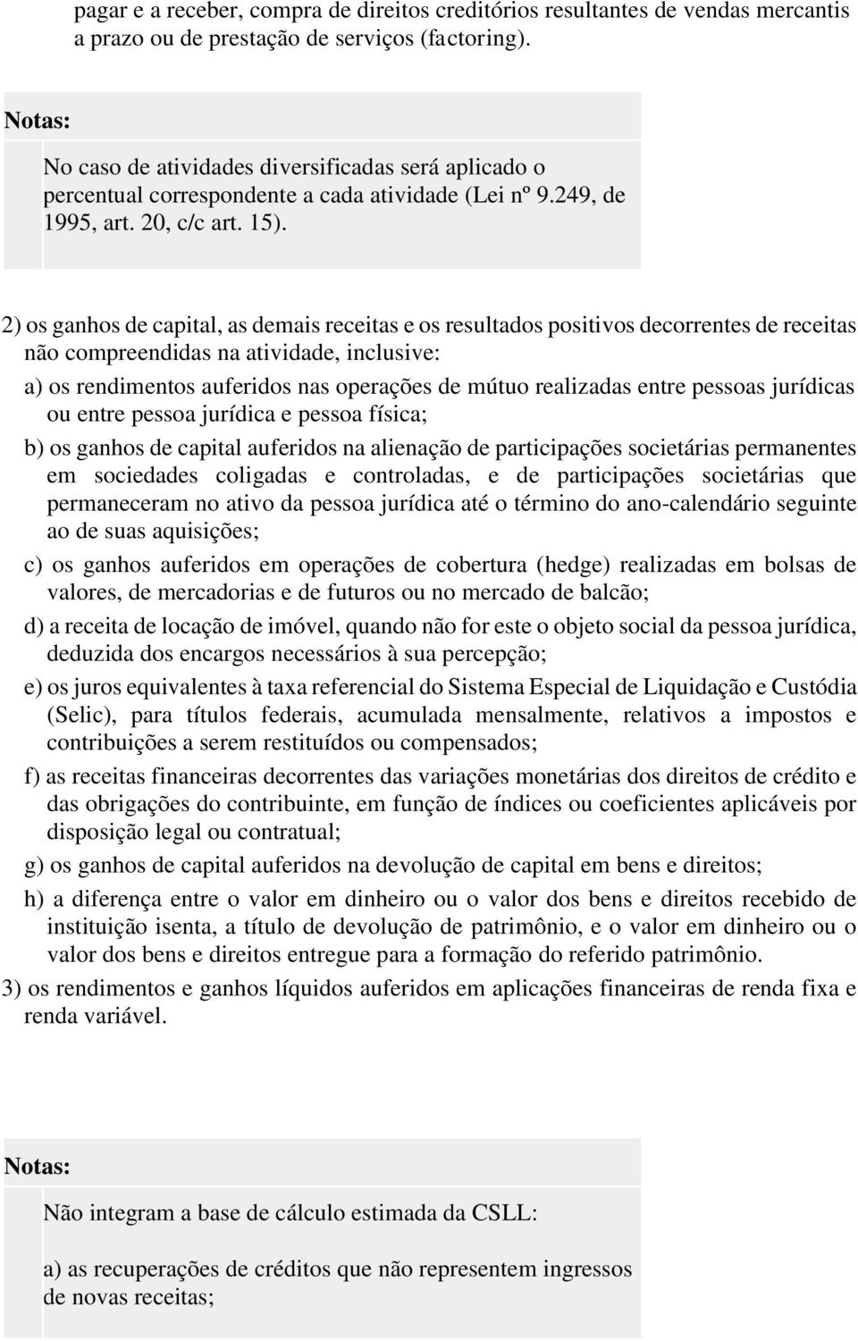 2) os ganhos de capital, as demais receitas e os resultados positivos decorrentes de receitas não compreendidas na atividade, inclusive: a) os rendimentos auferidos nas operações de mútuo realizadas